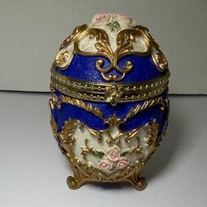 Vintage Blue and Gold Decorative Egg with Pink Roses